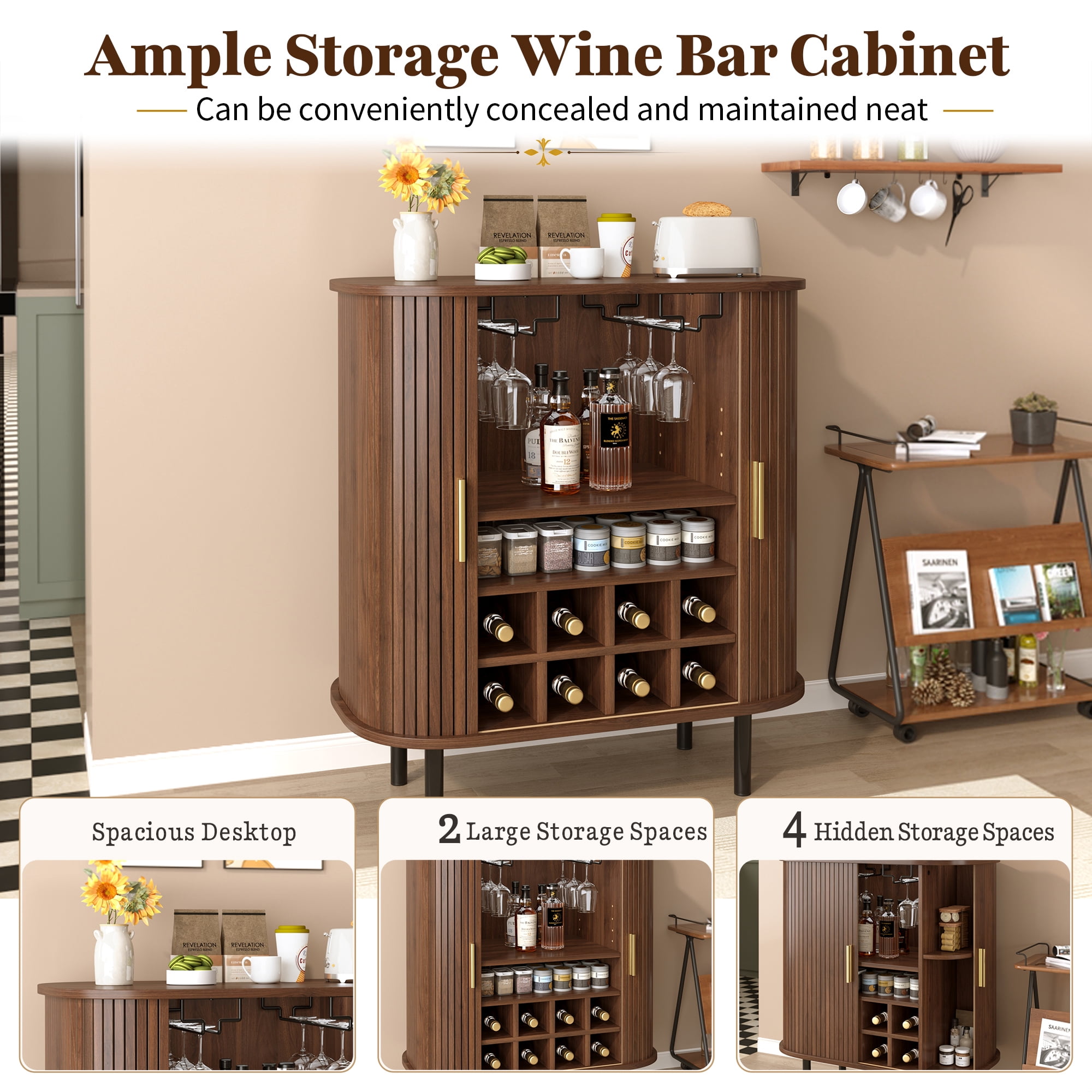 Euroco 28" Wine Bar Cabinet, Standing Liquor Cabinet with 8 Wine Racks,2 Glass Holders,Sliding Doors & Side Hidden Storage Space,Coffee Bar Cabinet with Adjustable Shelves for Kitchen Dining Room