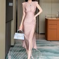 thumbnail image 2 of ZYHT 30842 Women 4 Colors Round Neck Sleeveless Shoulder Pad Solid Color Lady Elegant Ruched Split Bodycon Long Dress, 2 of 5