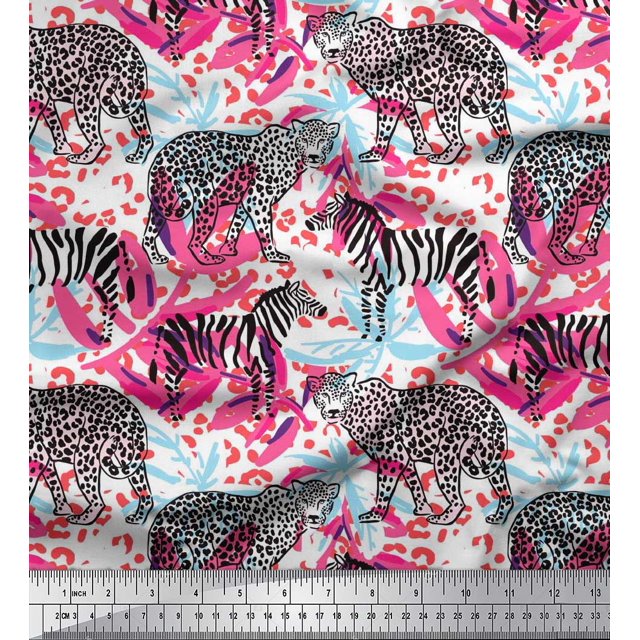 Soimoi White Poly Georgette Fabric Leopard Skin,Leopard & Wild Animal Print Fabric by The Yard 52 Inch Wide