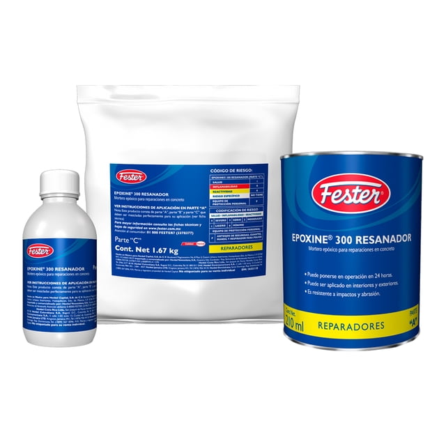 mortero epóxico para reparaciones en concreto fester epoxine 300 resanador 1 l kit de tres componentes: lata cilíndrica azul con logo Fester, frasco blanco y bolsa blanca con etiquetas azules; vista frontal sobre fondo blanco; color azul; diseñado para reparar grietas, fisuras y pequeños baches en concreto, aplicable en interiores y exteriores y listo para operación en 24 horas; suele utilizarse también para retoques localizados en pisos.
