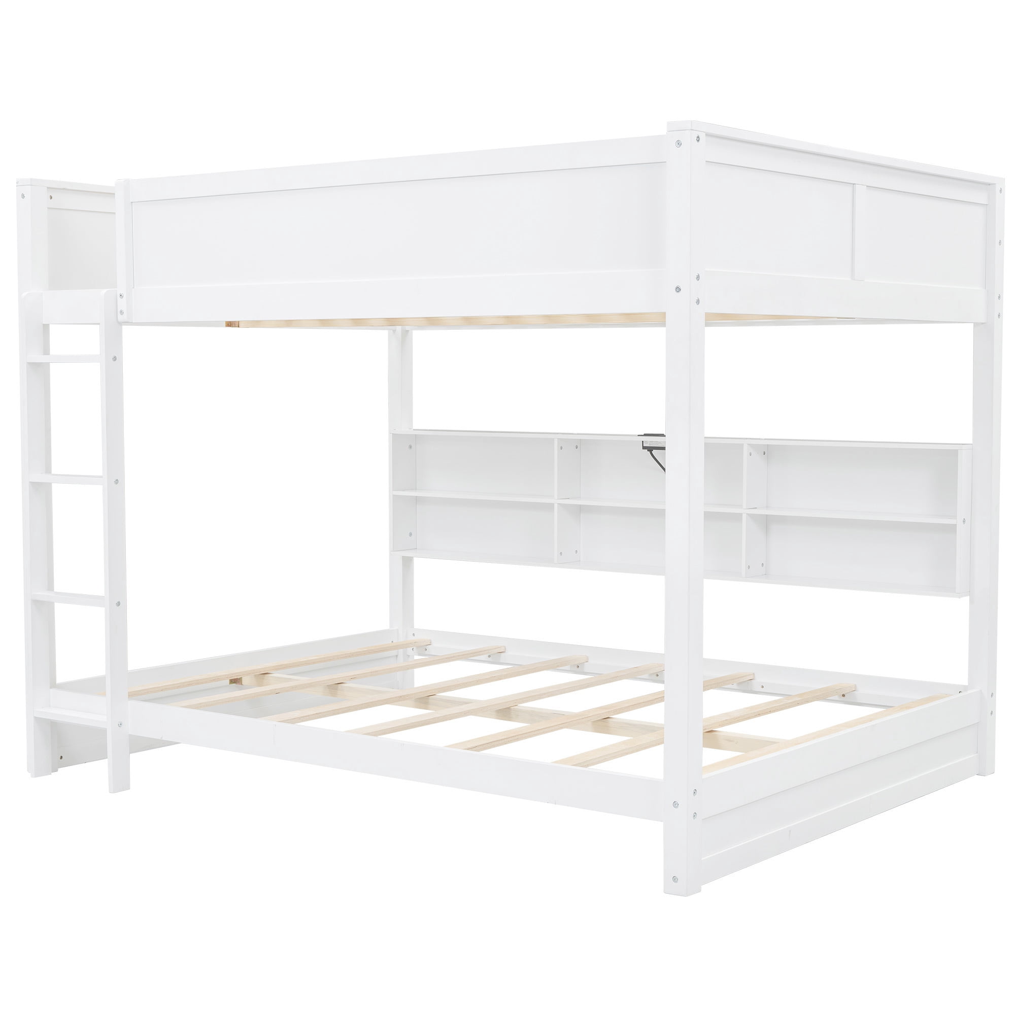 Queen over Queen Size Bunk Bed with Bookshelves, Solid Wood Queen Size Bunk Beds with USB Ports and Ladder for Kids Teens Adults, No Box Spring Needed