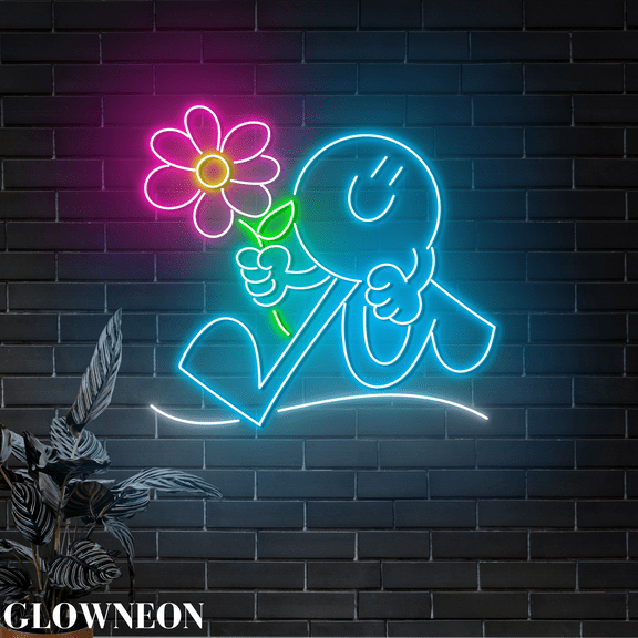 Glowneon Smile Flower Led Sign, Smiley Face Flower Shop Neon Wall Art