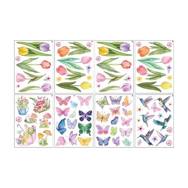 8 hojas de pegatinas para ventanas, pegatinas de pared, flores, pájaros, mariposas, pegatinas decorativas para ventanas para decoración de vidrio