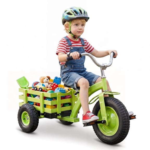 MULTIGOT Kids Tricycle w/Storage Basket 15" Inflatable Rubber Tires Adjustable Handlebar Green