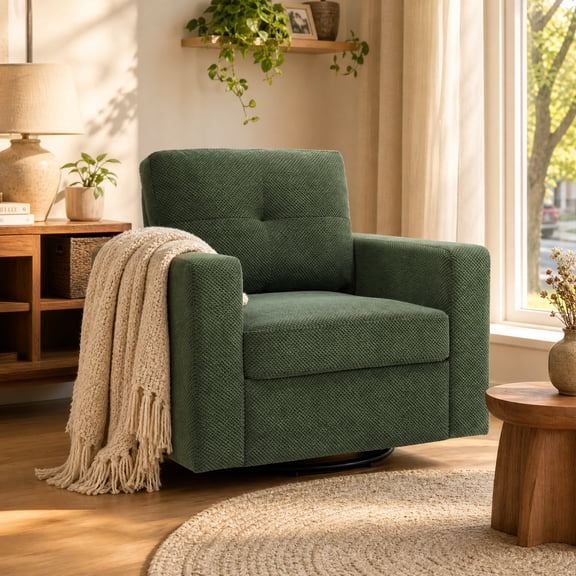 LLappuil 360° Swivel Accent Chair, Mid-century Living Room Chair, Single Sofa Reading Chair for Living Room, Nubby Woven Fabric Green