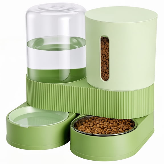 Yucurem 2-in-1 Automatic Cat Feeder, 88oz Gravity Pet Food Feeder with Stainless Steel Bowl, 2.4L Water Tank, 10 Desiccants, Rotate, Washable (Green)