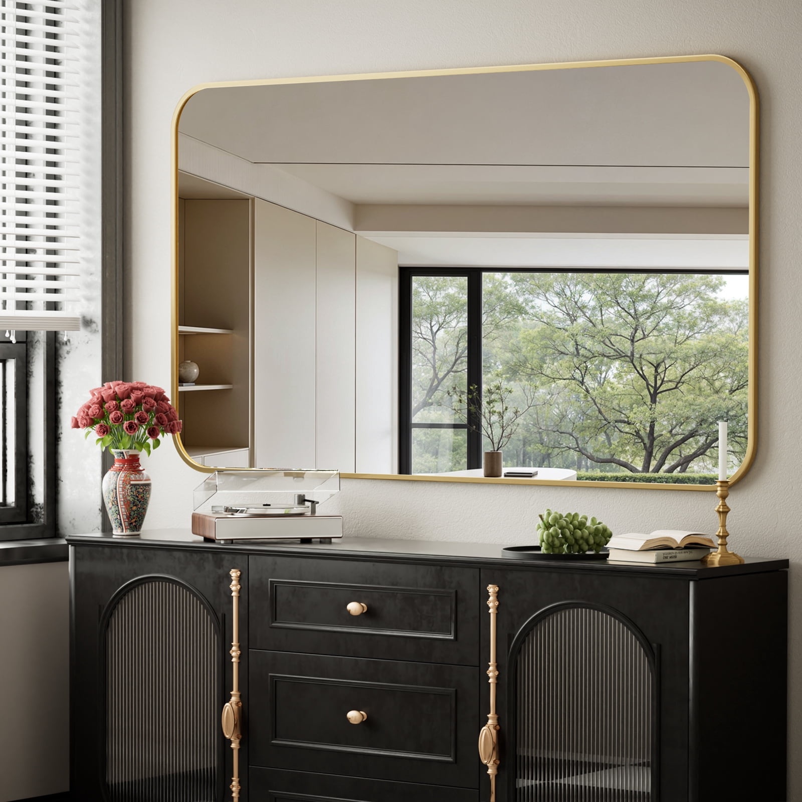 Easy4Home 48"x36" Large Rectangular Bathroom Mirror Hanging Rounded Corners Vanity Mirror Wall Mounted, Gold