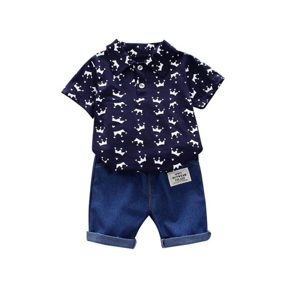Ame Summer Baby Boy Adorable Print Short Sleeve Shirt Blouse Denim Shorts Casual Outfits Clothes 0-4Years