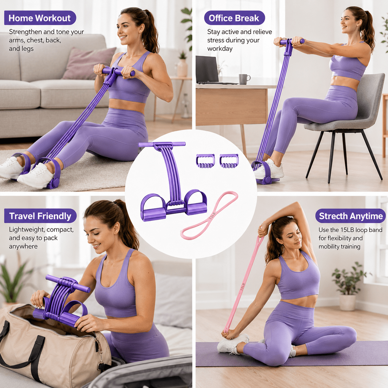 Multifunction Pedal Resistance Band, 8-Tube Exercise Band with Handles & Bonus Resistance Band, 3-in-1 Portable Fitness Trainer for Home Workout, Back Stretch, Foot Pedal Pull & Chest Expand
