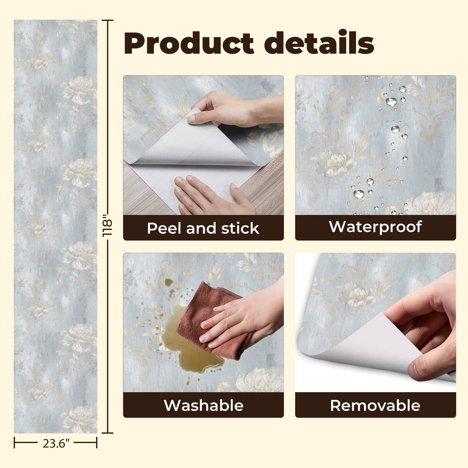 Vintage Peel and Stick Wallpaper 23.6in x 9.8ft Soft Blue Gold Floral Texture Contact Paper Vinyl Waterproof Self Adhesive Wall Paper for Bedroom Shelf Cabinet Renter Friendly