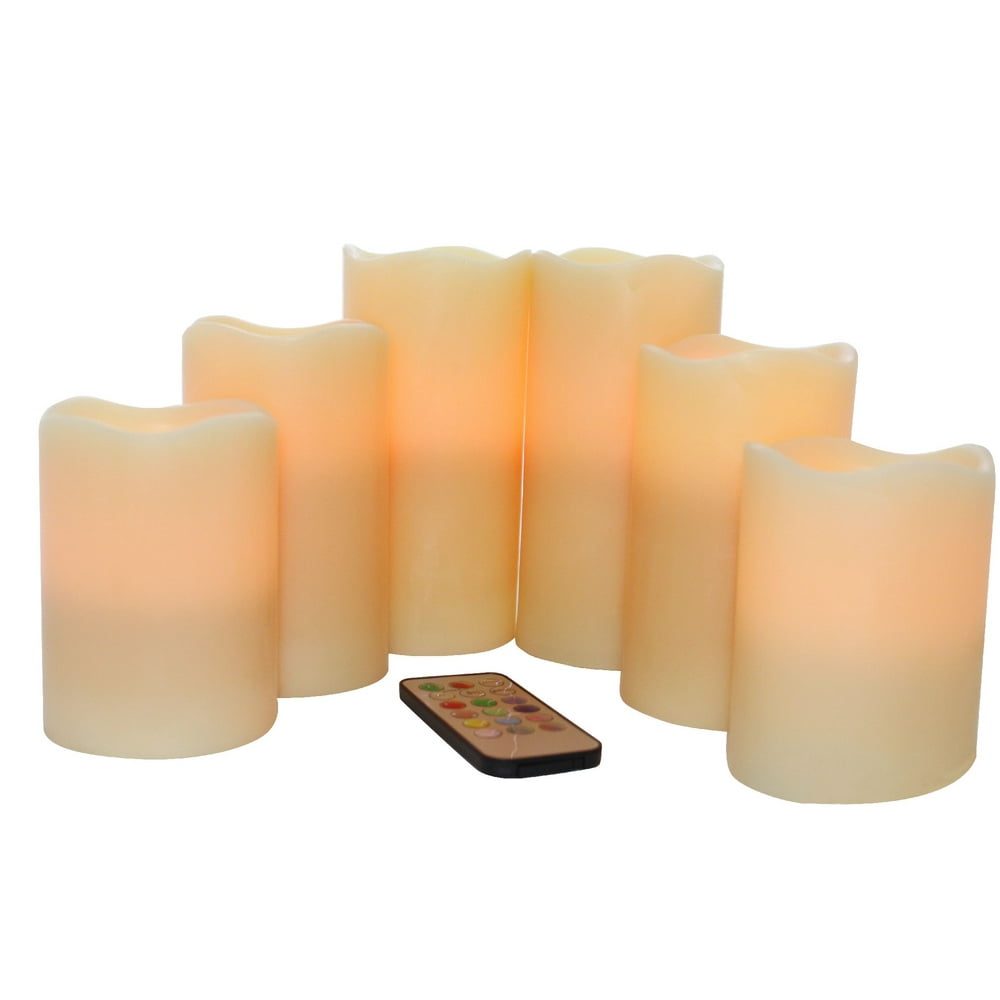 EcoGecko Set of 6 Wax MultiColor Flameless LED Pillar Candles with Remote & Timer, Ivory