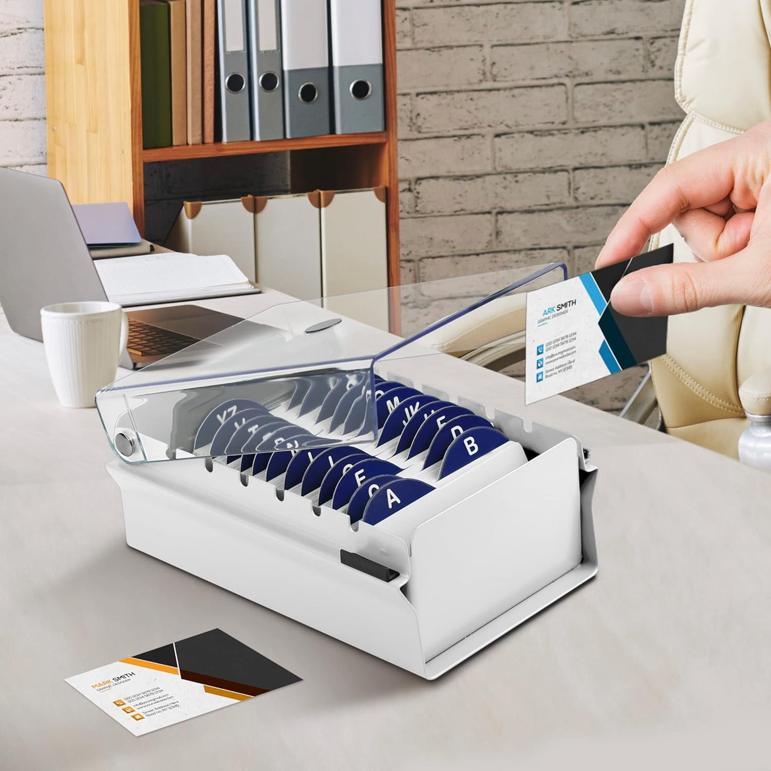 Acrimet Index Business Card Size File Holder Organizer Box Metal Base Heavy Duty (AZ Index Cards and Divider Included) (White Color with Clear Crystal Plastic Lid Cover)