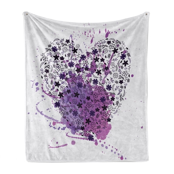Romantic Soft Flannel Fleece Blanket, Watercolor Splashes Heart Sketch Valentine's Day Love Romance Pattern, Cozy Plush for Indoor and Outdoor Use, 50" x 60", Purple and Dark Purple, by Ambesonne
