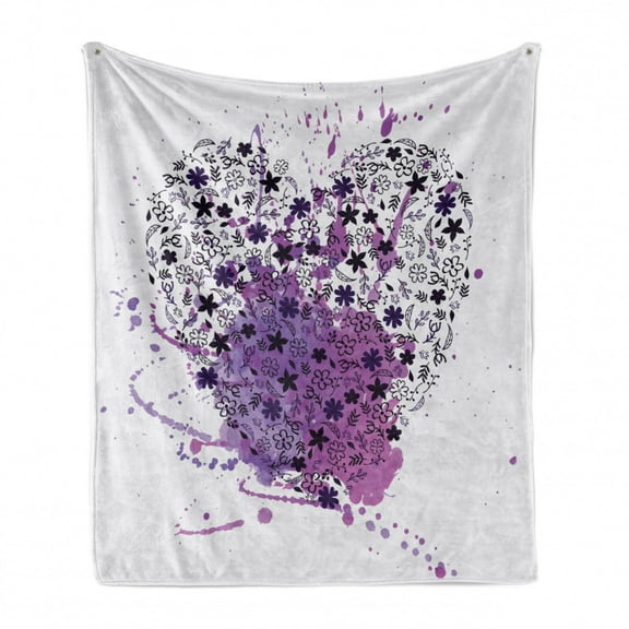 Romantic Soft Flannel Fleece Blanket, Watercolor Splashes Heart Sketch Valentine's Day Love Romance Pattern, Cozy Plush for Indoor and Outdoor Use, 70" x 90", Purple and Dark Purple, by Ambesonne