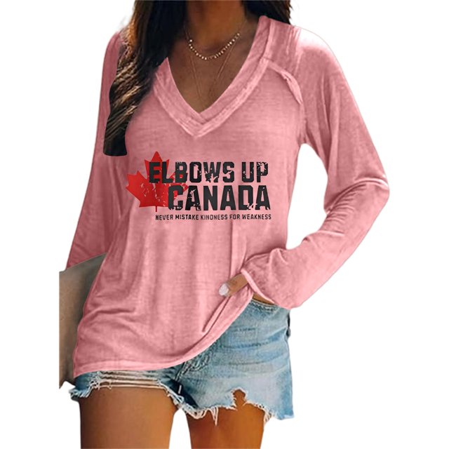 MHFRRA Camiseta de Manga Larga con Cuello En V y Estampado de La Bandera de Canadá para Mujer Rosa