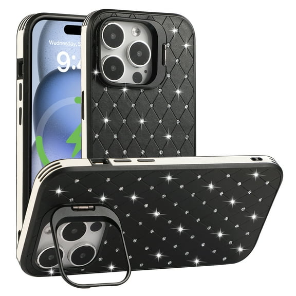 for iPhone 13 Pro Max PC Back Case, Luxury Glitter Diamond Ultra Slim Drop Protective Shockproof Camera Cover Bracket Lightweight Anti-Scratch Phone Case Cover for iPhone 13 Pro Max, Black