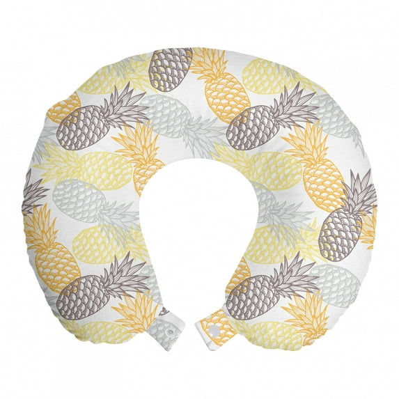 Fruits Travel Pillow Neck Rest, Soft Toned Exotic Pineapple Tropical Diet Food Illustration, Memory Foam Traveling Accessory Airplane and Car, 12", Marigold Dimgray, by Ambesonne