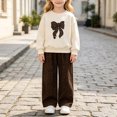 thumbnail image 2 of Vdoaml Girls Crew Neck Sweatshirt with Leopard Bow Print Wide Leg Pants 2 Piece Outfit Kids Fall Casual Clothing Set 6-7 Years Beige, 2 of 5