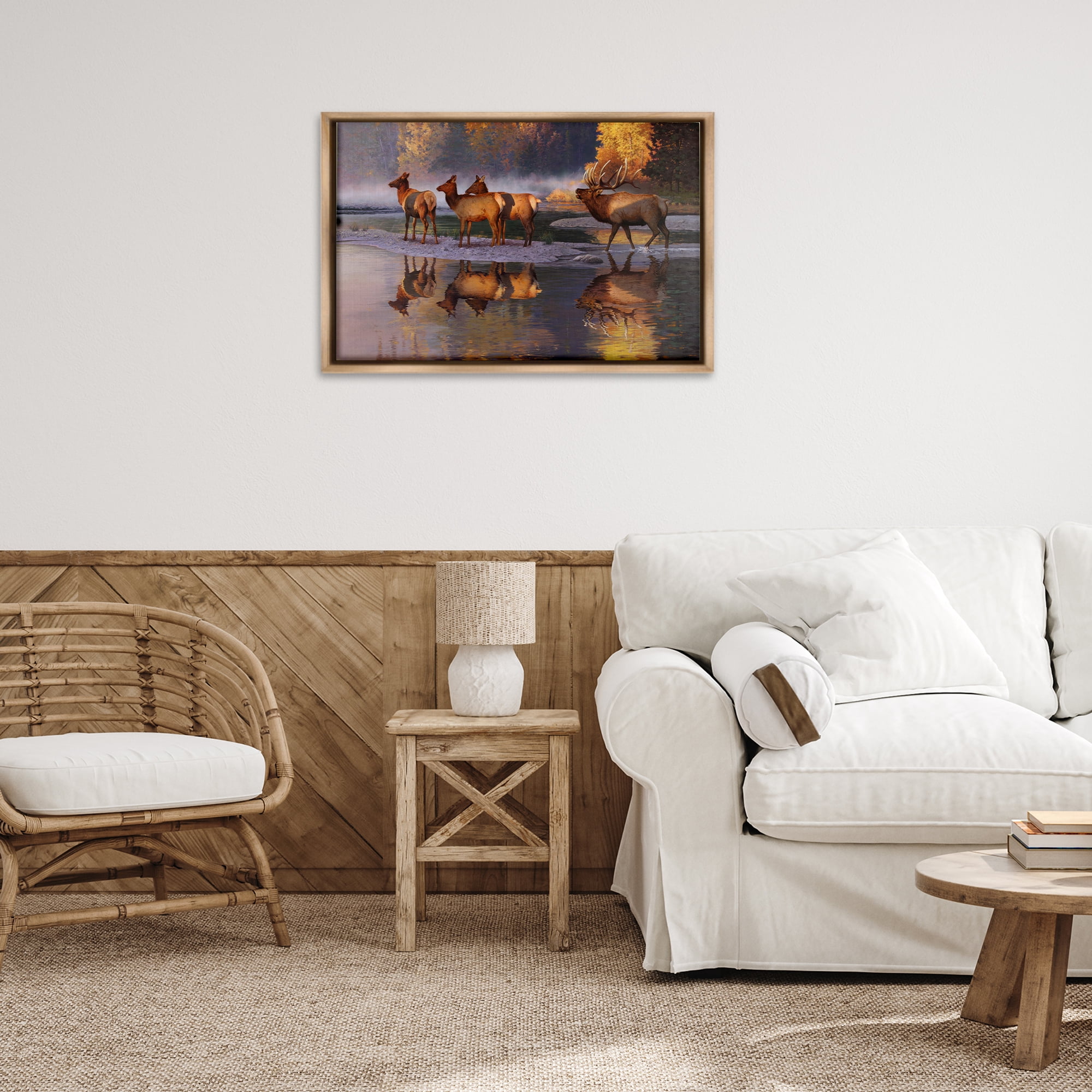 Stupell Industries Distant Challenge Elk Family Landscape & Nature Painting Brown Floater Framed Canvas Art Print Wall Art, 31 x 21