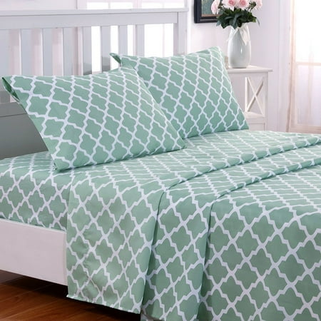 bed sheet sheets twin sets luxury flat pillow quatrefoil 1800 pattern piece bedding lux decor egyptian count thread microfiber sage