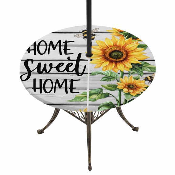 Round Outdoor Tablecloth with Umbrella Hole and Zipper, Yellow Sunflower Tablecloth with Elastic Waterproof, Bee Wooden Grain Country Farmhouse Patio Table Covers for 36" - 44" Picnic Pool Tables