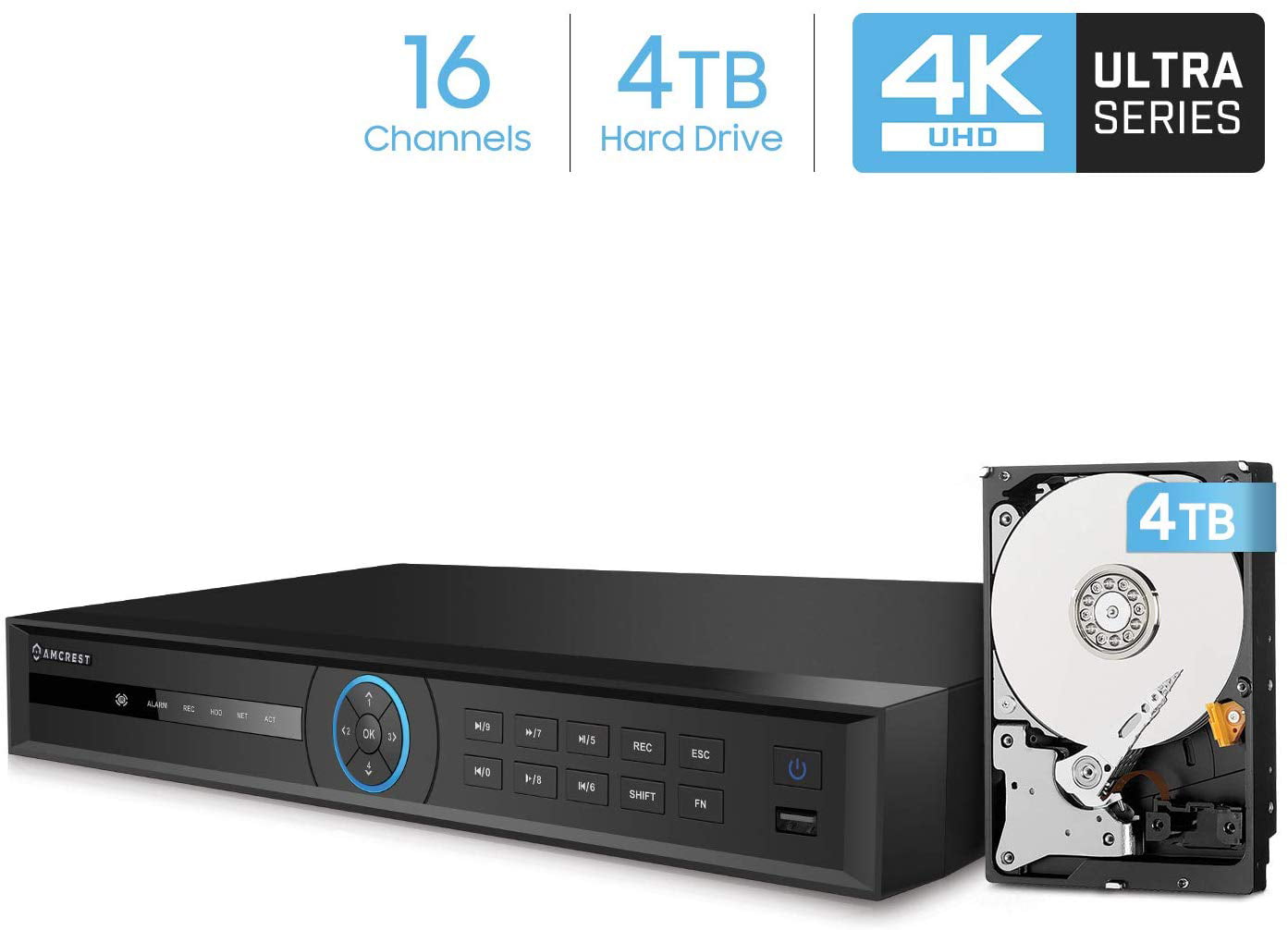 Amcrest 5Series 4K NVR 16-Channel NV5216-4TB 16CH (Record 16CH 4K @30fps,  View/Playback 4CH 4K @30fps) Network Video Recorder - Pre-Installed 4TB  Hard 