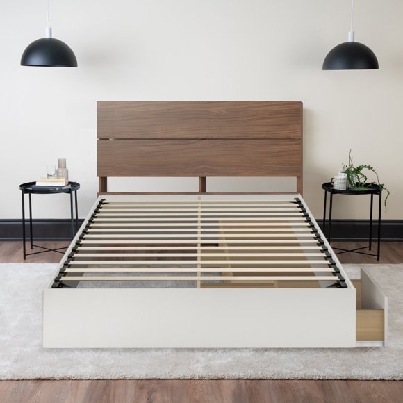 Storage Wood Bed with Headboard (Walnut and White) - Queen