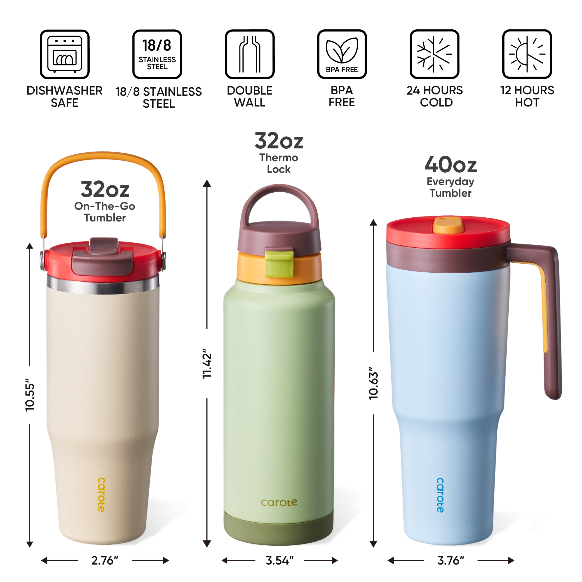 Carote 3-Piece Insulated Water Bottle Set, Dewdrop Green photo 2