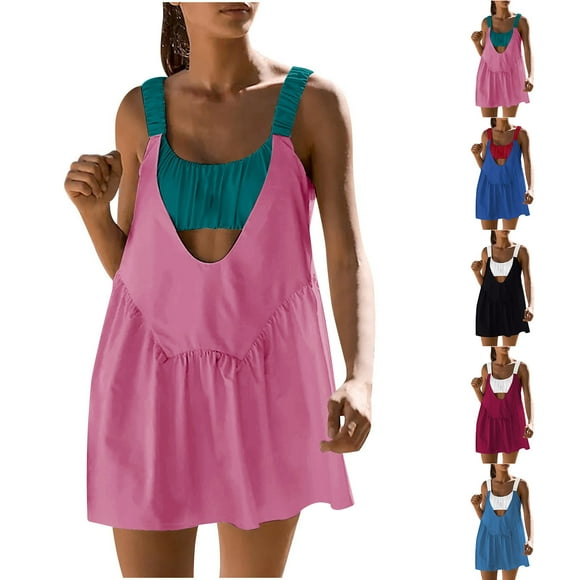 Meichang Women Tennis Dress with Built in Bra Sleeveless Casual Backless Golf Dress Athletic Dress Summer Trendy Patchwork Mini Short Workout Dresses