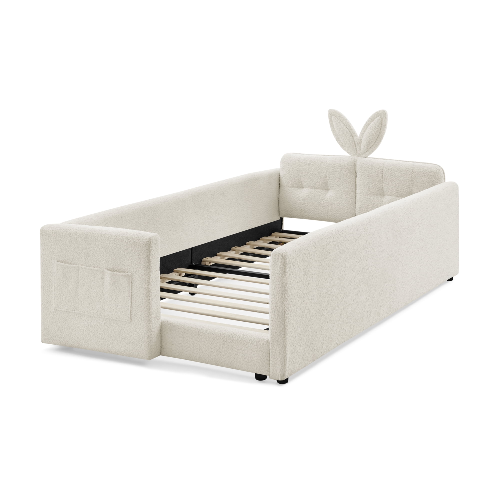 T-Joy Cute Kids Bed with Rail and Pocket, Boucle Wooden Platform Bed with Rabbit Ear, Twin Size, Beige