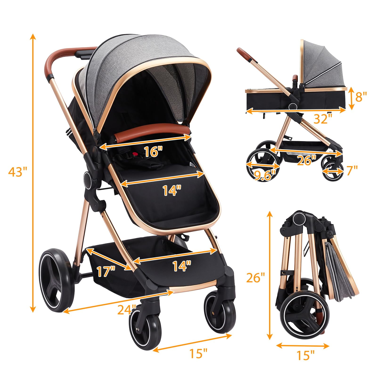 2024 New Convertible Baby Stroller, 3 in 1 Reversible Bassinet Stroller for Newborn, Toddler, High Landscape Foldable Pram with Adjustable Backrest and Canopy, Windproof Foot Cover, 5-Point Harness