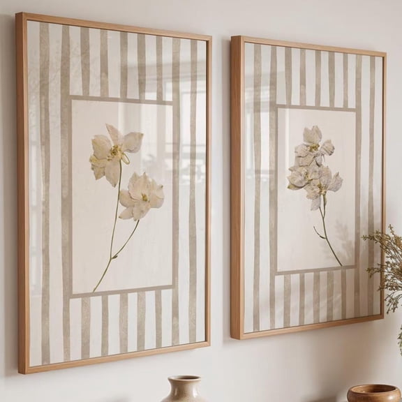 Beige Floral Wall Art Prints : Cottage Style Botanical Decor Set 2 Unframed Paper Print 8x12