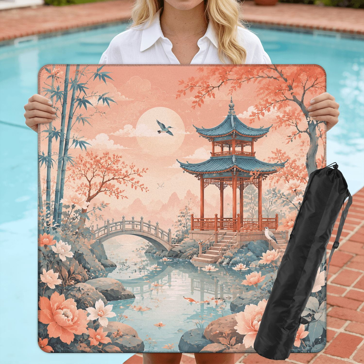 Mahjong Mat 31.5" x 31.5" Oriental Garden Scene Pagoda Blossoming Flowers Birds Pastel Colors Non-Slip Noise Reduction American Mahjong Tiles Table Cover for Dominoes Poker Card Board Games Gift
