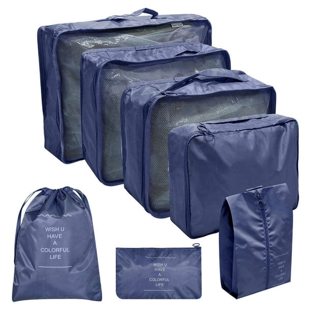 Cubos de viaje - Tejido de nylon, doble cremallera, con bolsa para cosméticos/cables, para organizar el equipaje (7 unidades)