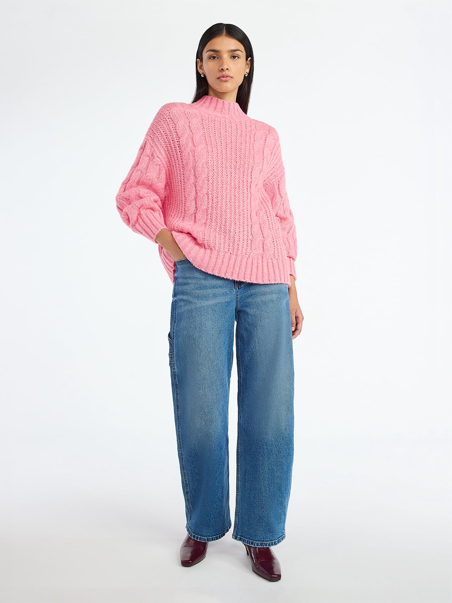 Scoop Women’s Oversized Cable Knit Sweater, Midweight, Size XS-XXL