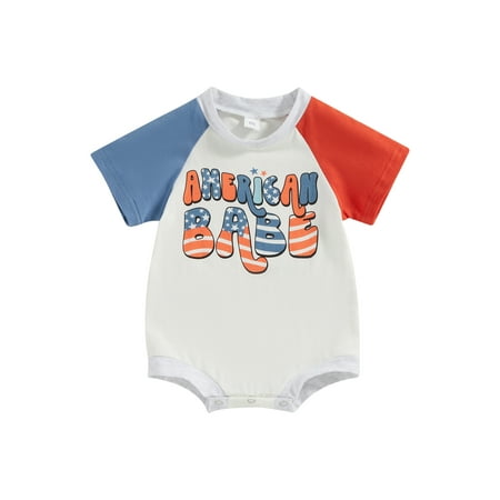 

Baby 4th of July Romper Short Sleeve Letter Pattern Contrast Color Newborn Bodysuit