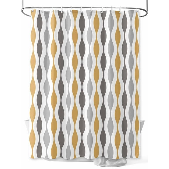 Yellow Gray Shower Curtain, Medieval Print Waves Geometric Waterproof Shower Curtain Set with 12 Hooks Lightweight Washable Fabric Shower Curtains for Bathroom 60x72 Inches