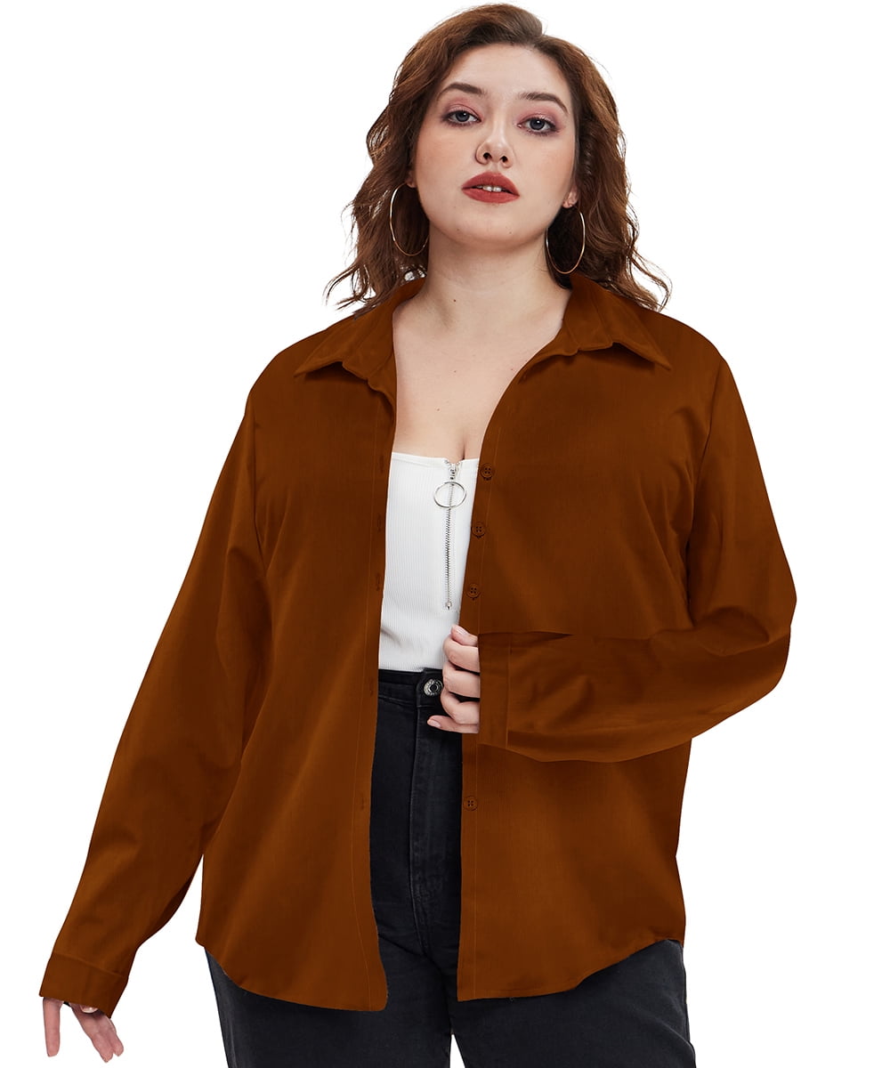 TIYOMI Ladies Plus Size Tops Solid Color Blouses Long Sleeve 4X Caramel