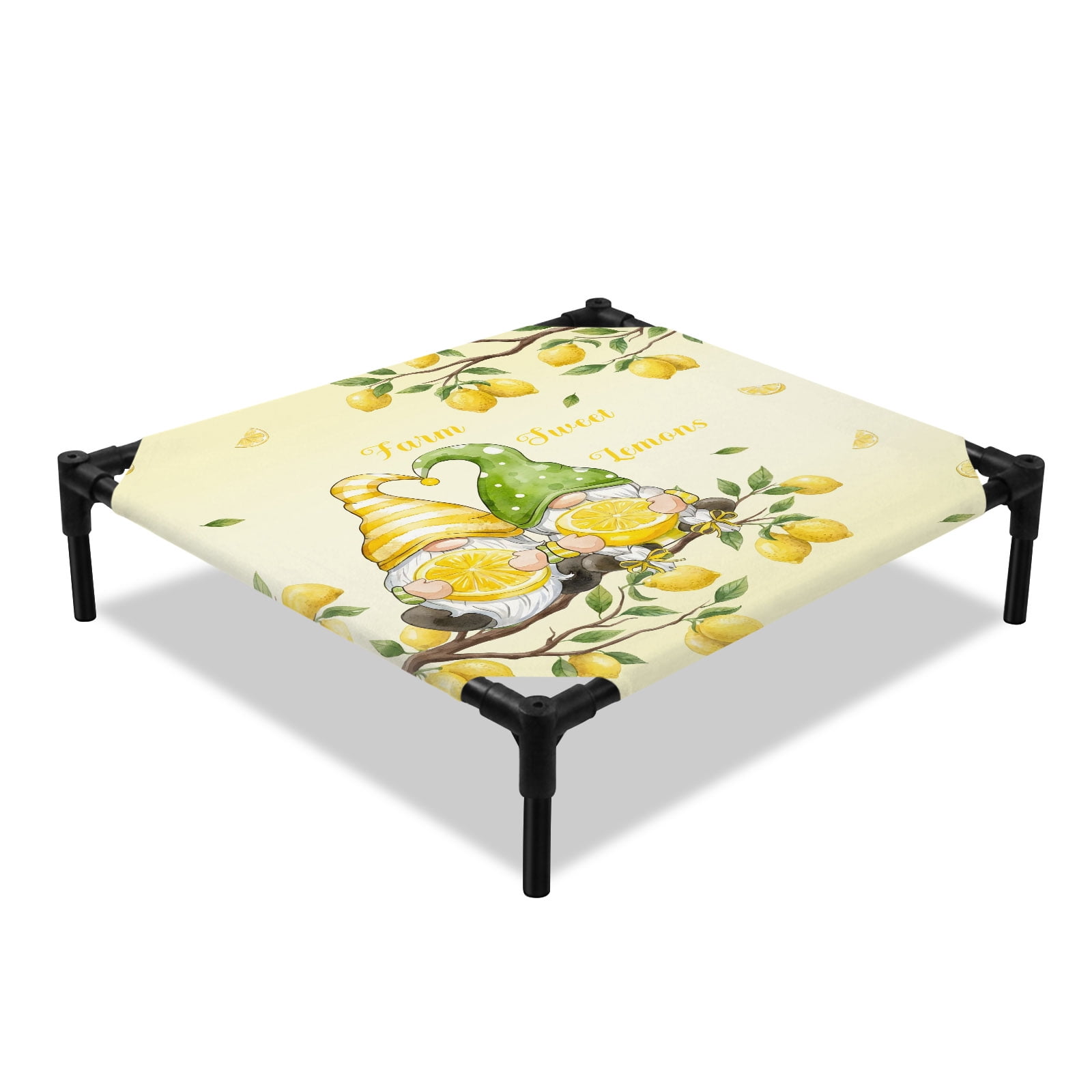 Farmhouse Elevated Dog Bed Summer Yellow Green Lemon Gnomes Branches Gradient Cooling Breathable Outdoor Raised Dog Cot Bed with Metal Frame Non-Slip Feet for Small Dog 20x20in