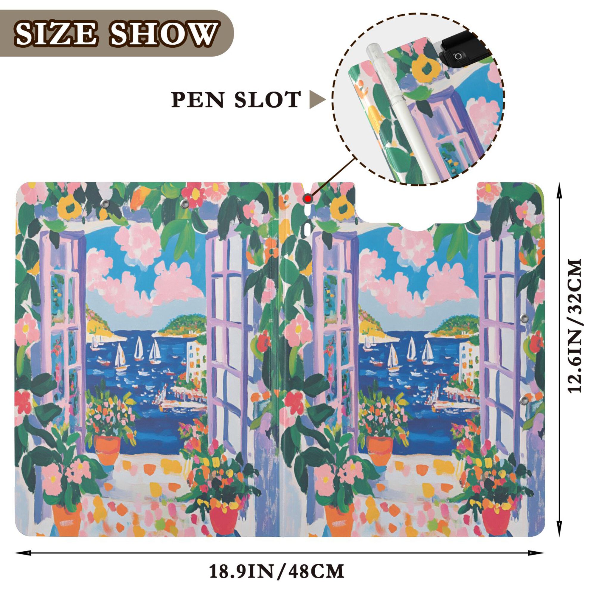 FORMRS A4 Clipboard Folder with Pen Holder Horizontal Foldable School Office Binder, Floral Window