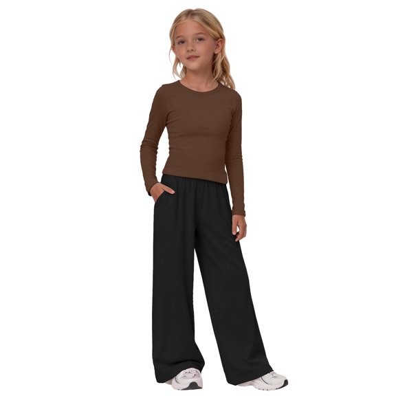 KVPLBQFD Girls 2 Piece Long Sleeve Fitted Basic Tees Wide Leg Pant Outfits Kids Fall Fashion School Outfits Teens Y2k Sports Clothes 2026