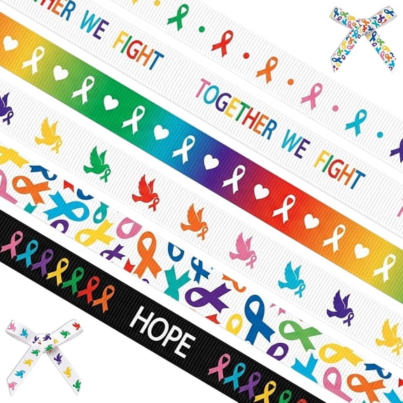 Hsomely 6 Rolls Multicolor Cancer Awareness Grosgrain Ribbon, 3/8 inch x 5 Yards, for Charity Fundraising DIY Craft & Party Decor