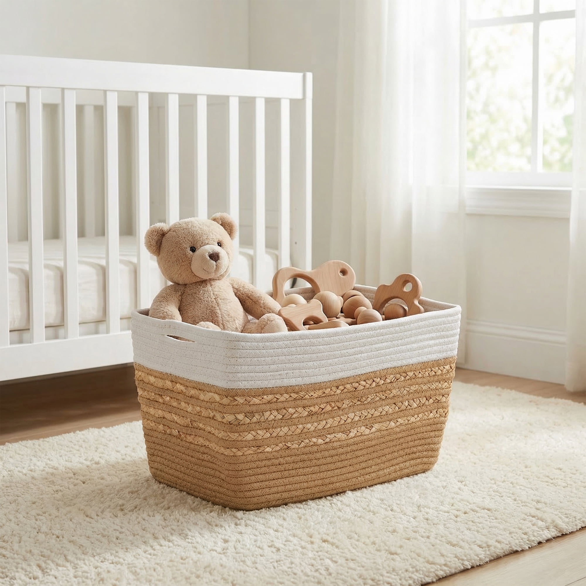 Unique Bargains Woven Storage Basket Storage Bin White Brown 15*9.8*9.1in