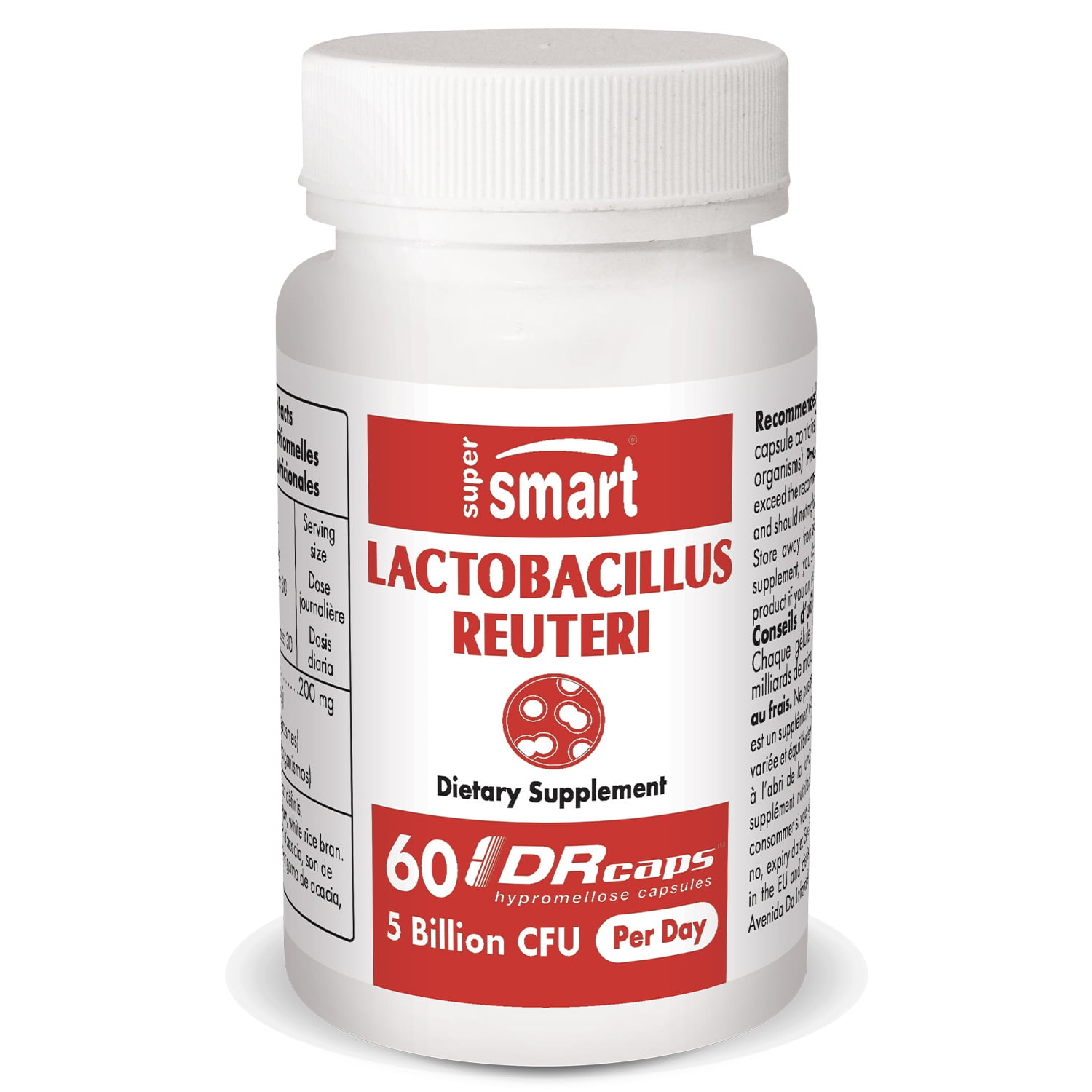 Supersmart - Lactobacillus Reuteri 5 Billion CFU per Day - Probiotic Strain Supplement - Intestinal Microflora | Non-GMO & Gluten Free - 60 DR Capsules