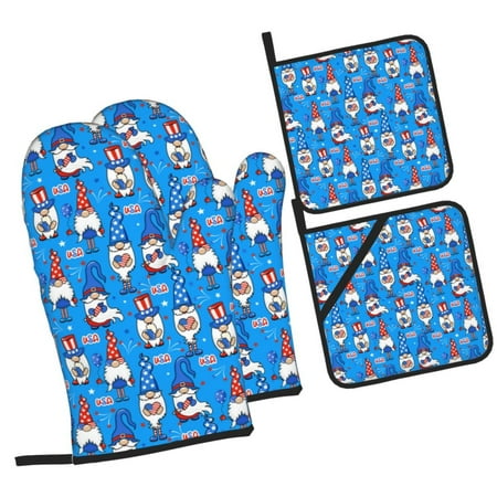 

Tebeau Gnomes in USA Print 4 Pcs Oven Mitts and Pot Holders 500°F High Heat Resistant Kitchen Oven Mitts with Pot holders Long Oven Mitts for Baking and Cooking