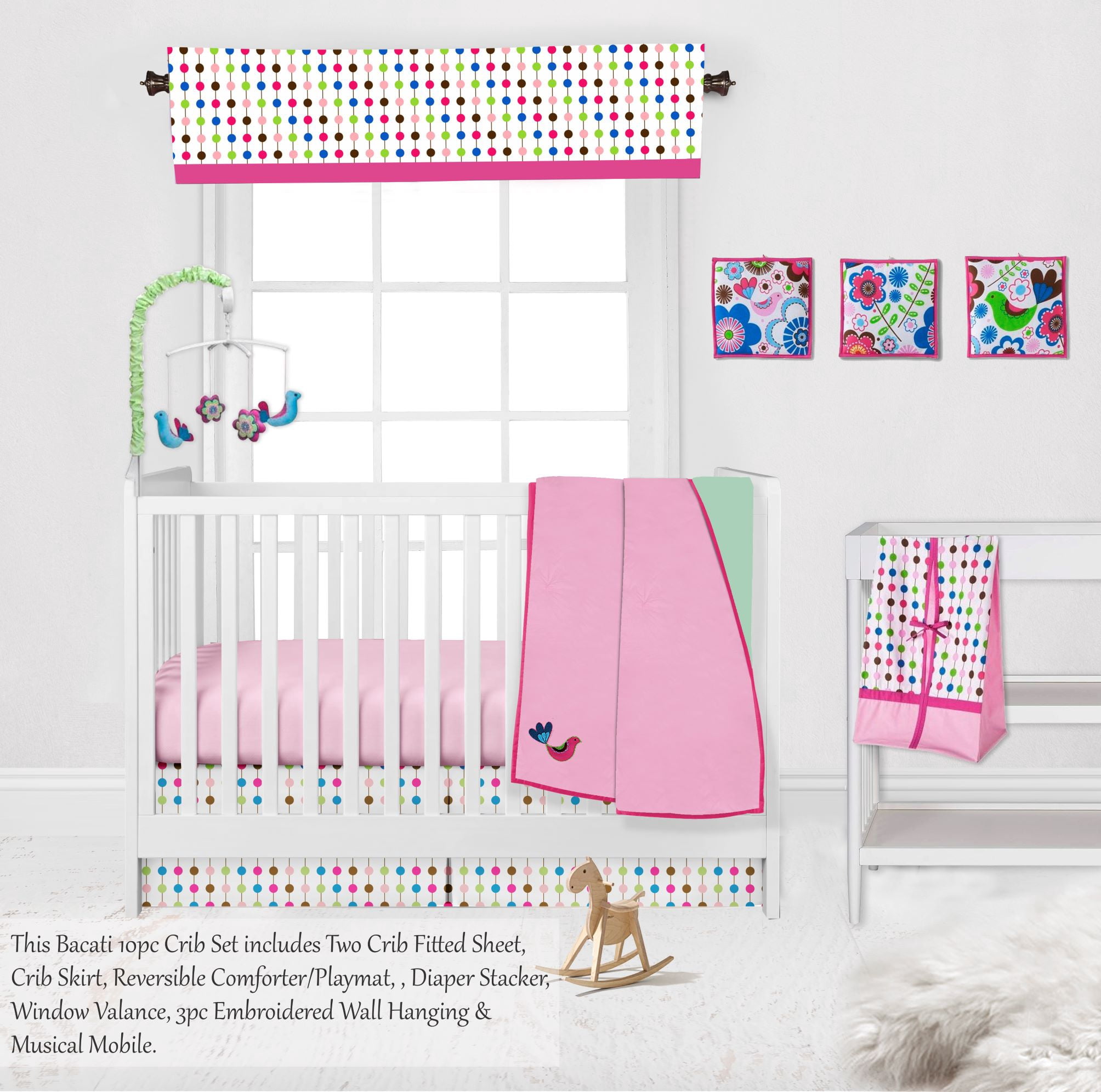 Bacati - Botanical Pink/Multi 10-Piece Nursery-in-a-Bag Crib Bedding Set 100% Cotton Percale Girls Crib Bedding Set with 2 crib fitted sheets