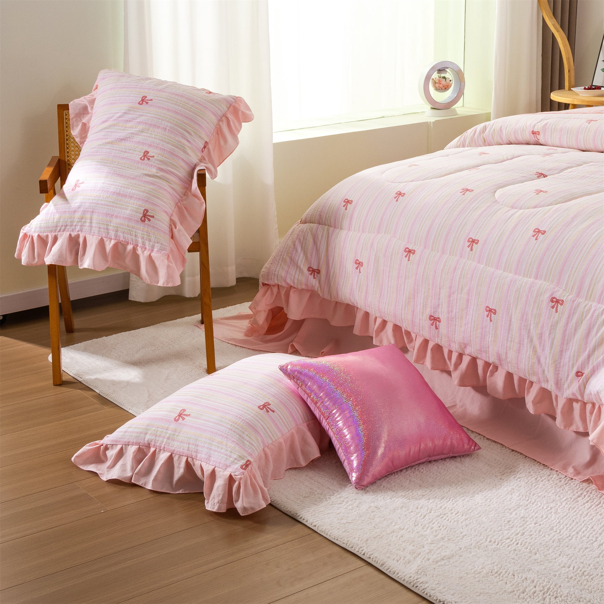 Btargot 6 Piece Rainbow Stripe Bows Comforter Set Twin Ruffle Princess Girl Bedding Set Bed in a Bag