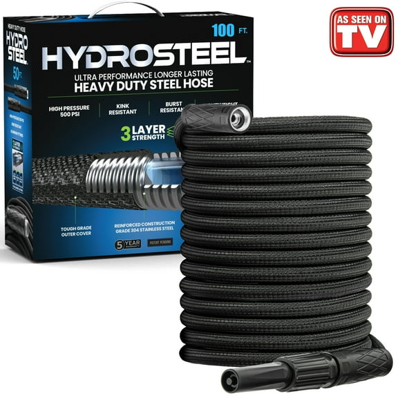 HydroSteel Garden Hose 50' ft Water Hose For Outside Heavy Duty Metal Hose Stainless Steel with Nozzle Flexible Kink-Free