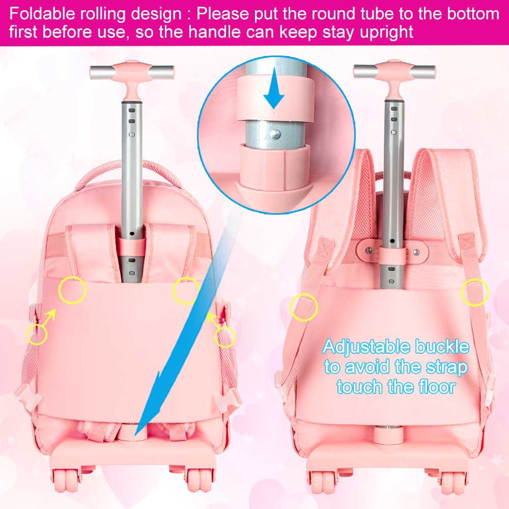 AGSDON Rolling Backpack for Girls and Women, Roller Wheels School Bookbag, Wheeled Suitcase Backpacks with Lunch Bag for Teen - Pink