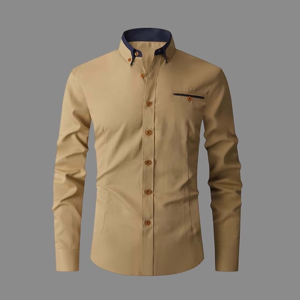 Ceisia Contrast Panel Stand Collar Shirt Men's Slim Fit Long Sleeve Casual Button-Down Top with Pocket Khaki L Gifts